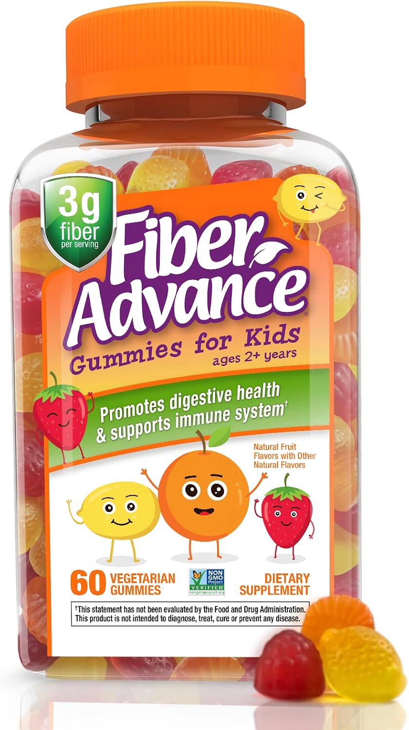 Fiber Advance Gummies for Kids | 100% Plant Based Fiber Supplements for Kids Digestive Health | Prebiotic Fiber Gummies | Vitamins for Kids | Gluten Free, Vegetarian, & Non-GMO, 60 Count