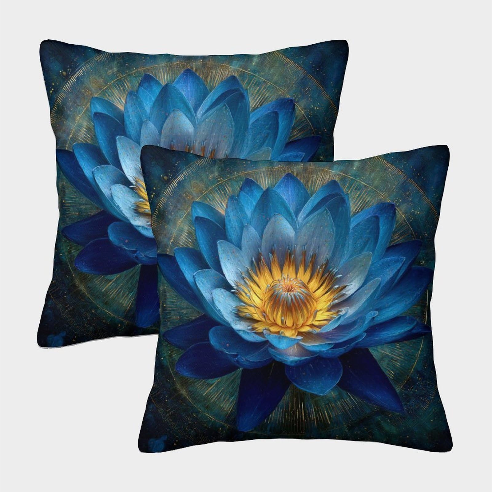 kaiyun 2 Pack 3D Blue Lotus with Golden Light Theme Square Cushion Cover Decoration Pillow Cover Suitable for Home Sofa Bedroom Living Room 50x50cm
