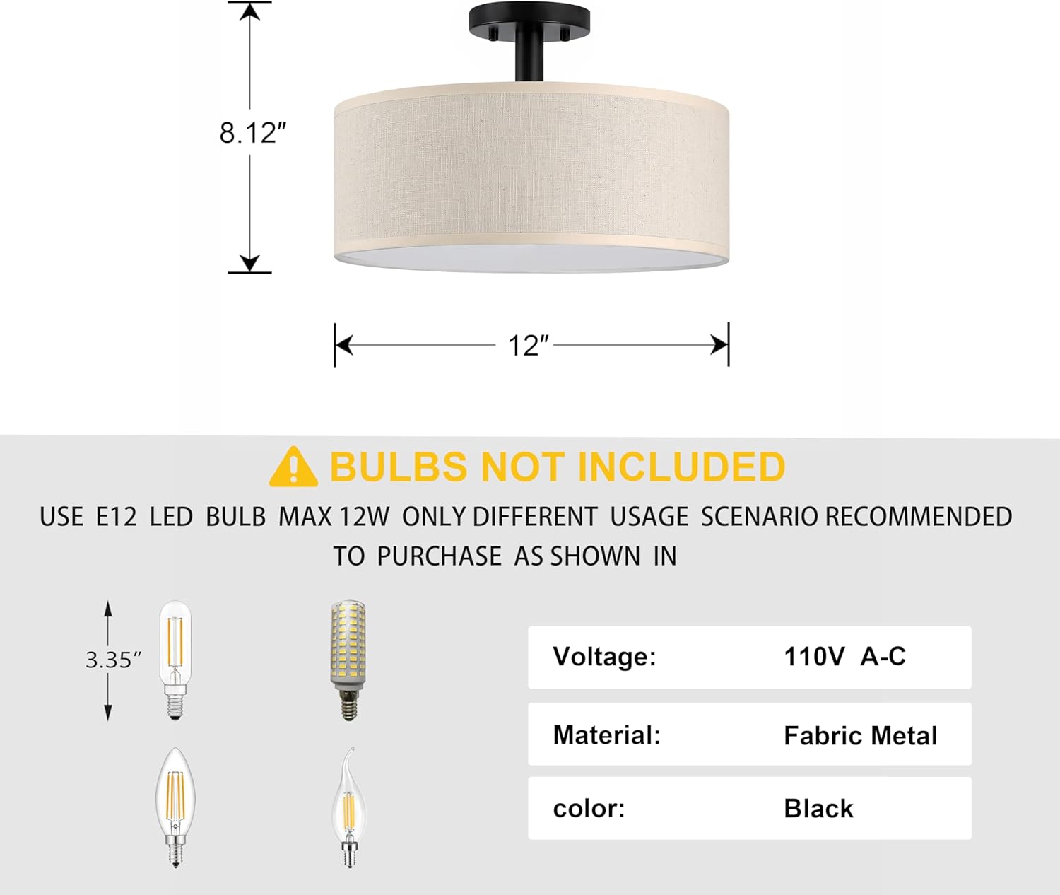 3 light 12 inch semi flush mount close to ceiling light fixture,off white fabric shade black finish for bedroom,living room,dining room hallway 12 inch black 1 tier