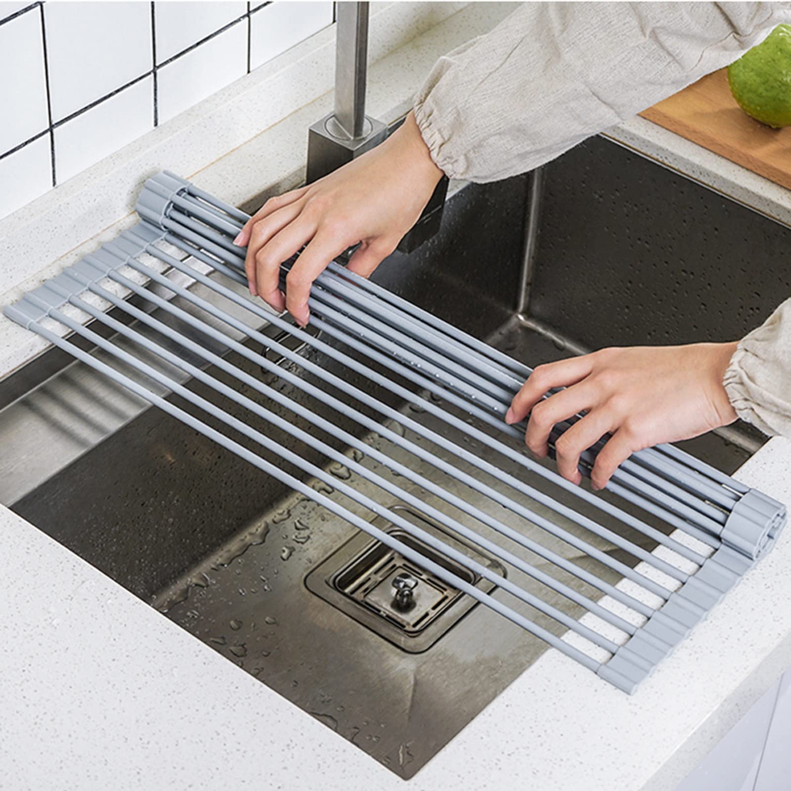 Cestello scolapiatti, Scolapiatti Pieghevole in Silicone e Acciaio Inossidabile for Piatti, Frutta e Verdura, Diverse Dimensioni(43 * 33cm)
