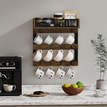 YINMIT Coffee Cup Holder Wall Mounted, 12-Hook Mug and Shelf for Coffee Bar | Rustic Coffee Mug Holder with Plus a Top Shelf for Coffee Pods Beans, Coffee Cup Holder for Coffee Station and Kitchen