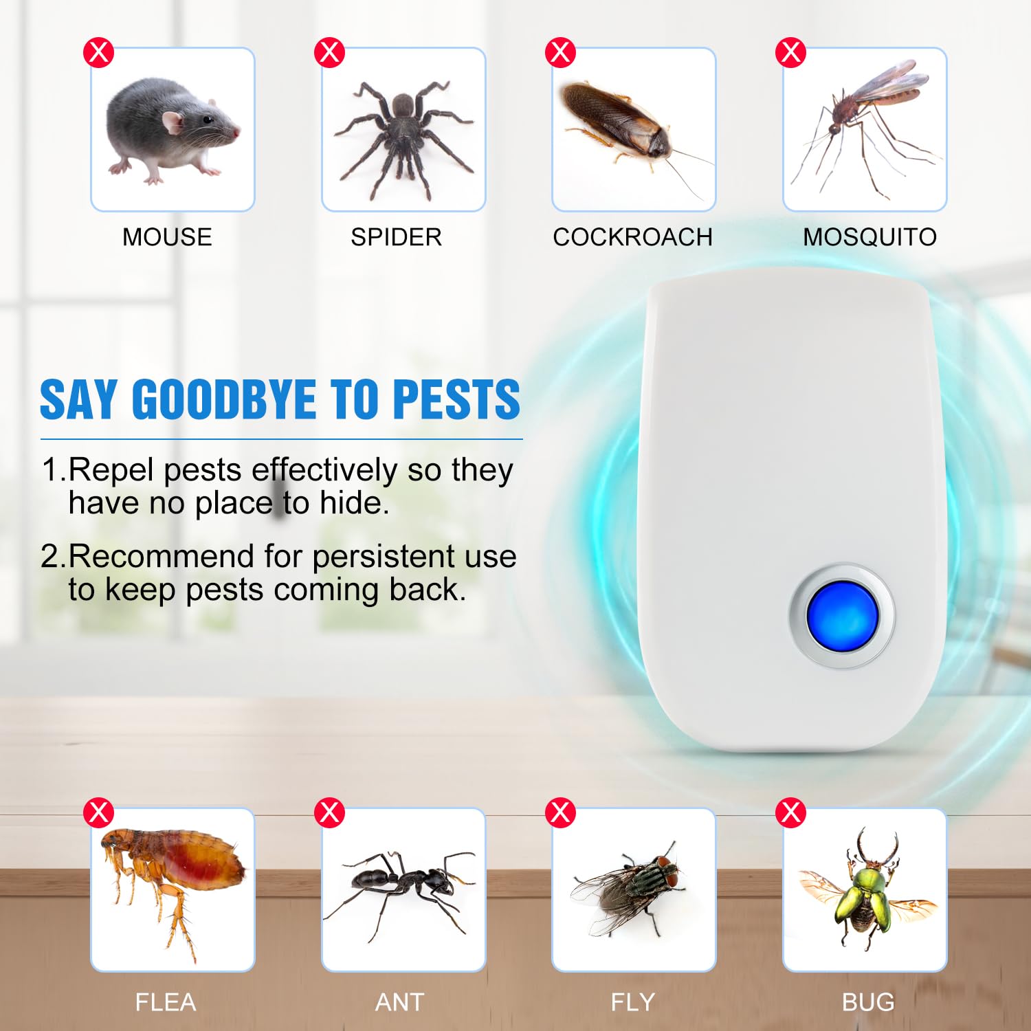 Repelente ultrasónico de control de plagas mejorado 2026, repelente de ratones de interior para ratas, ratones, roedores, cucarachas, cucarachas, insectos, mosquitos, enchufe electrónico de control de