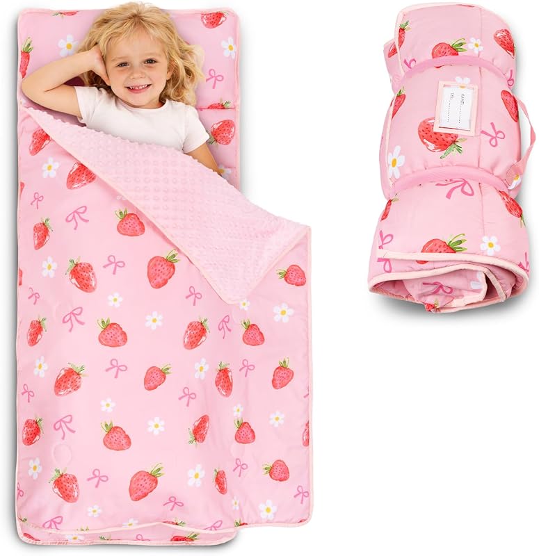 Toddler Nap Mat with Pillow and Blanket, Extra Large Sleeping Bag | 55"x35" Sleeping Mat, Washable, Easy to Roll, Perfect for Preschool, Daycare, Kindergarten, Boys and Girls, Strawberry