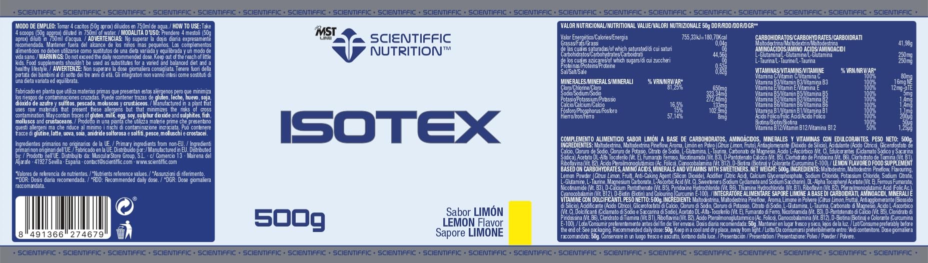 Scientiffic Nutrition Isotex Bebida Isotónica Instántanea en Polvo Sales Minerales Electrolitos Energía Sabor Limón 500 g