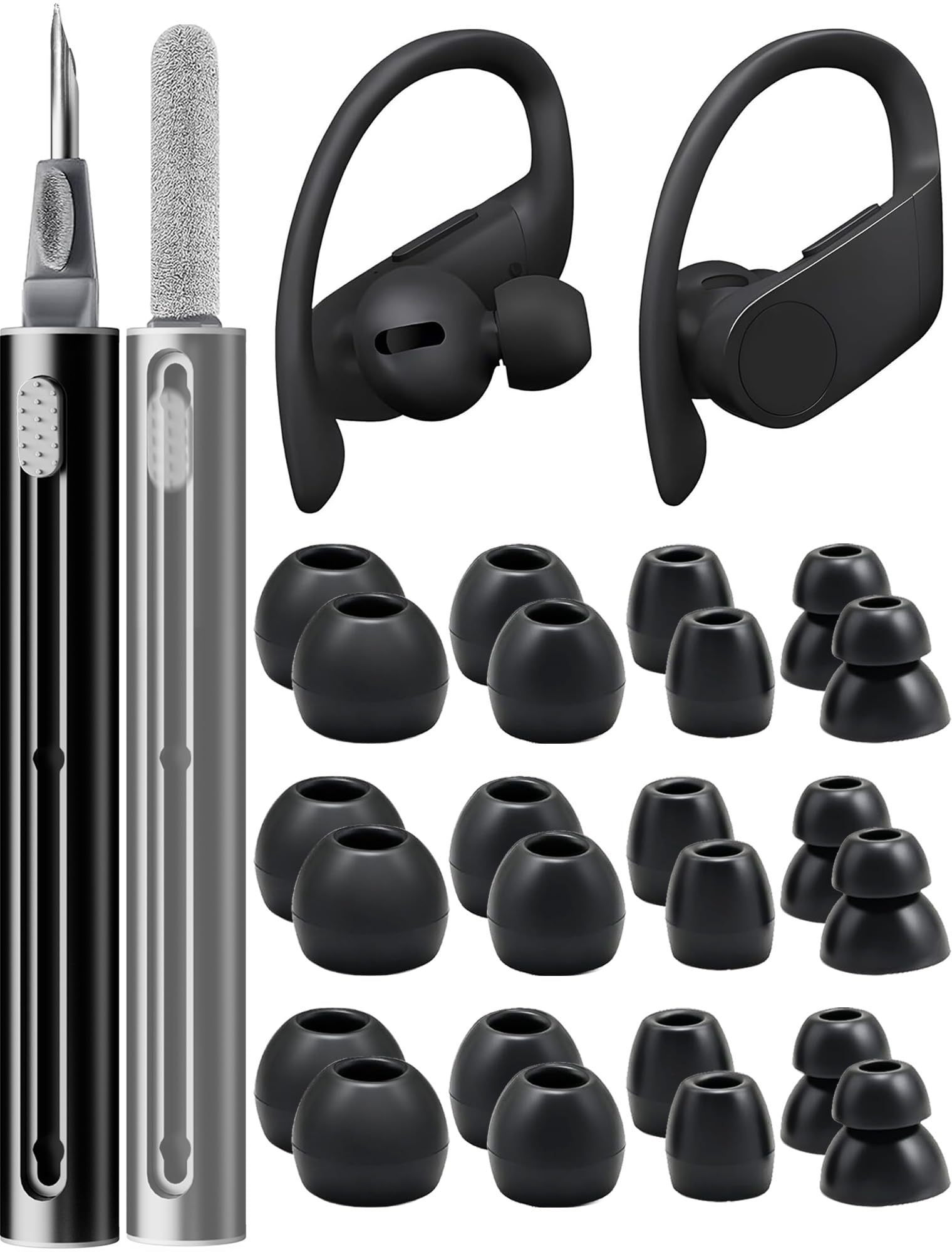 12 Pairs Replacement Ear Tips for Beats Powerbeats Pro/Flex/X Earbuds, Soft Silicone Non-Slip Earbud Accessories, Beats Replacement Tips with Cleaning Kit (Black)
