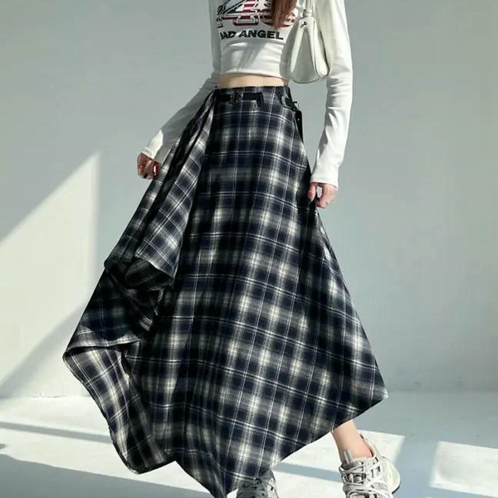 Gonna Lunga Gonne Lunghe di Lana da Donna 2025 Goth Lolita Autunno Inverno Vita Alta con Volant Scozzese Asimmetrica Maxi Cintura-Blu-XL