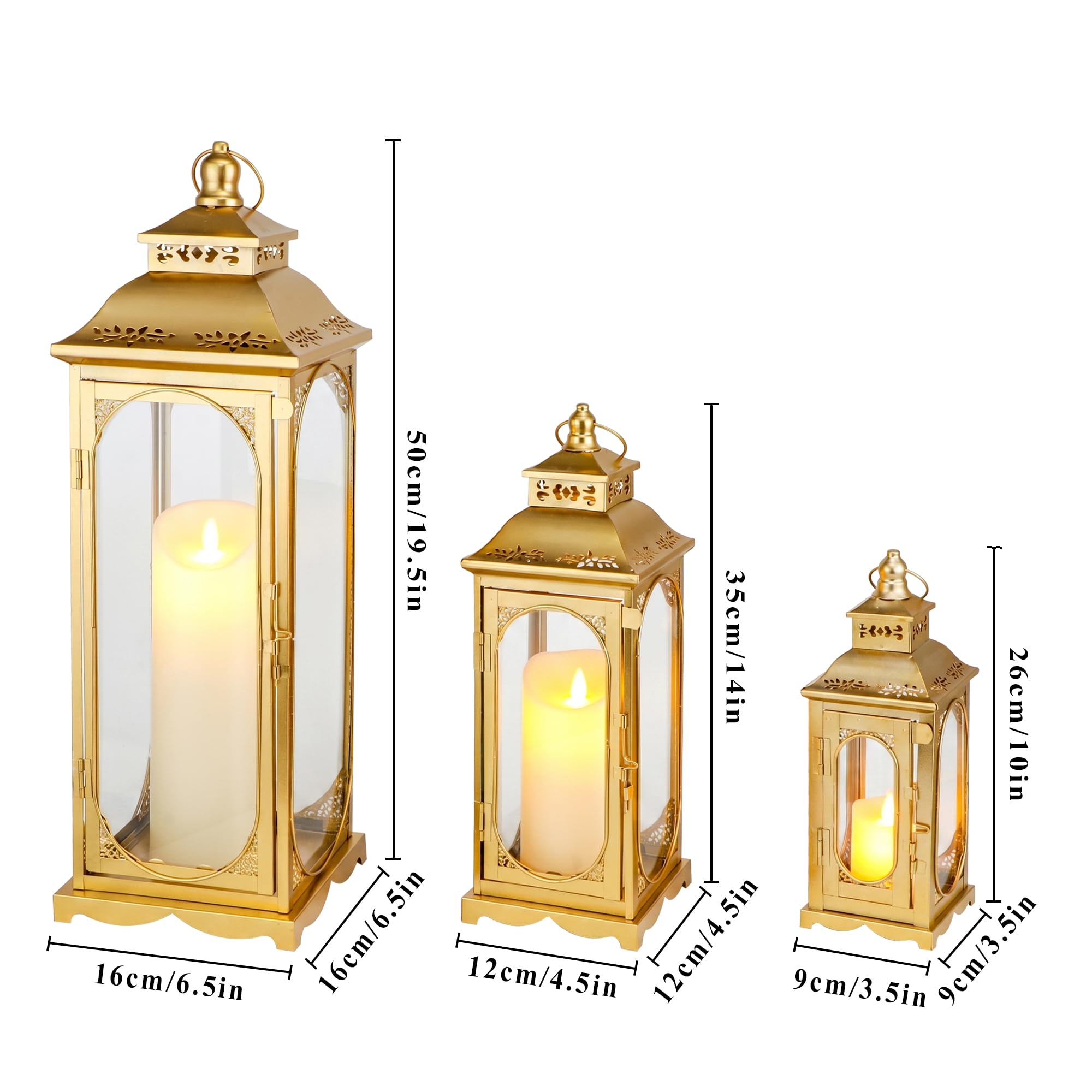 TRIROCKS Set mit 3 Vintage-Kerzenlaternen, 26/35/50 cm hoch, dekorativer Kerzenständer aus Metall mit gehärtetem Glas für Wohnzimmer, Heimdekoration, Garten, Hochzeiten, drinnen und draußen (Gold)
