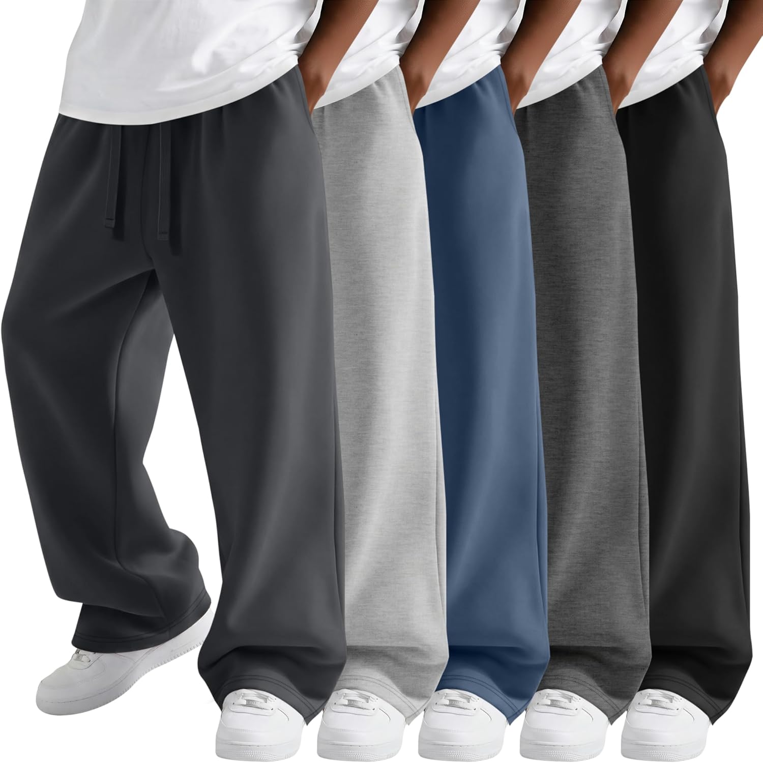 5 Pack Boy's Baggy Sweatpants Elastic Drawstring Open Bottom Pants Athletic Joggers with Side Pockets