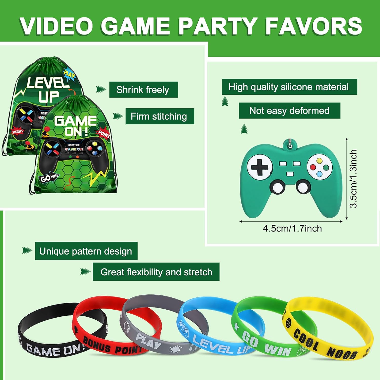 Nosiny 72 Pcs Video Game Party Favors Video Gamer Party Drawstring Bags Gaming Goodie Bag Silicone Bracelet Wristbands Keychain Classroom Rewards for Kids Birthday Bag Stuffers(Green,Vivid)