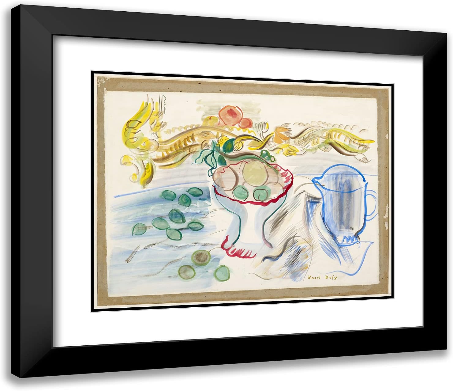 ArtDirect Raoul Dufy 23x20 Black Modern Framed and Double Matted Art Print Titled Still-Life with Mirror, Fruit Dish and Almonds
