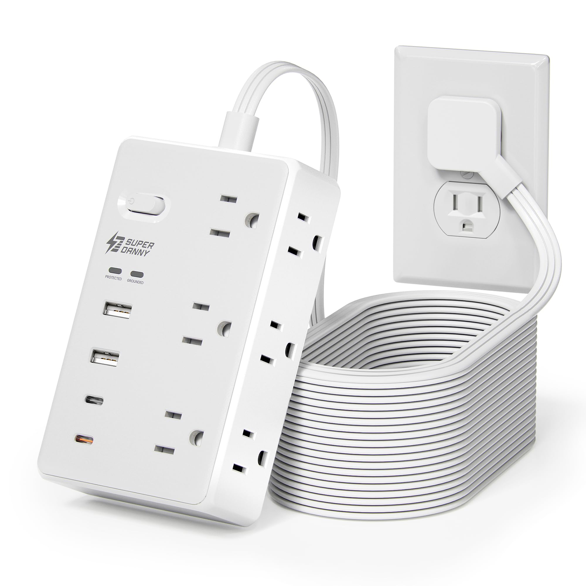 View 1 of 15Ft Long Extension Cord, PD20W, 6 outlets, 2A2C, Flat Plug Surge Protector