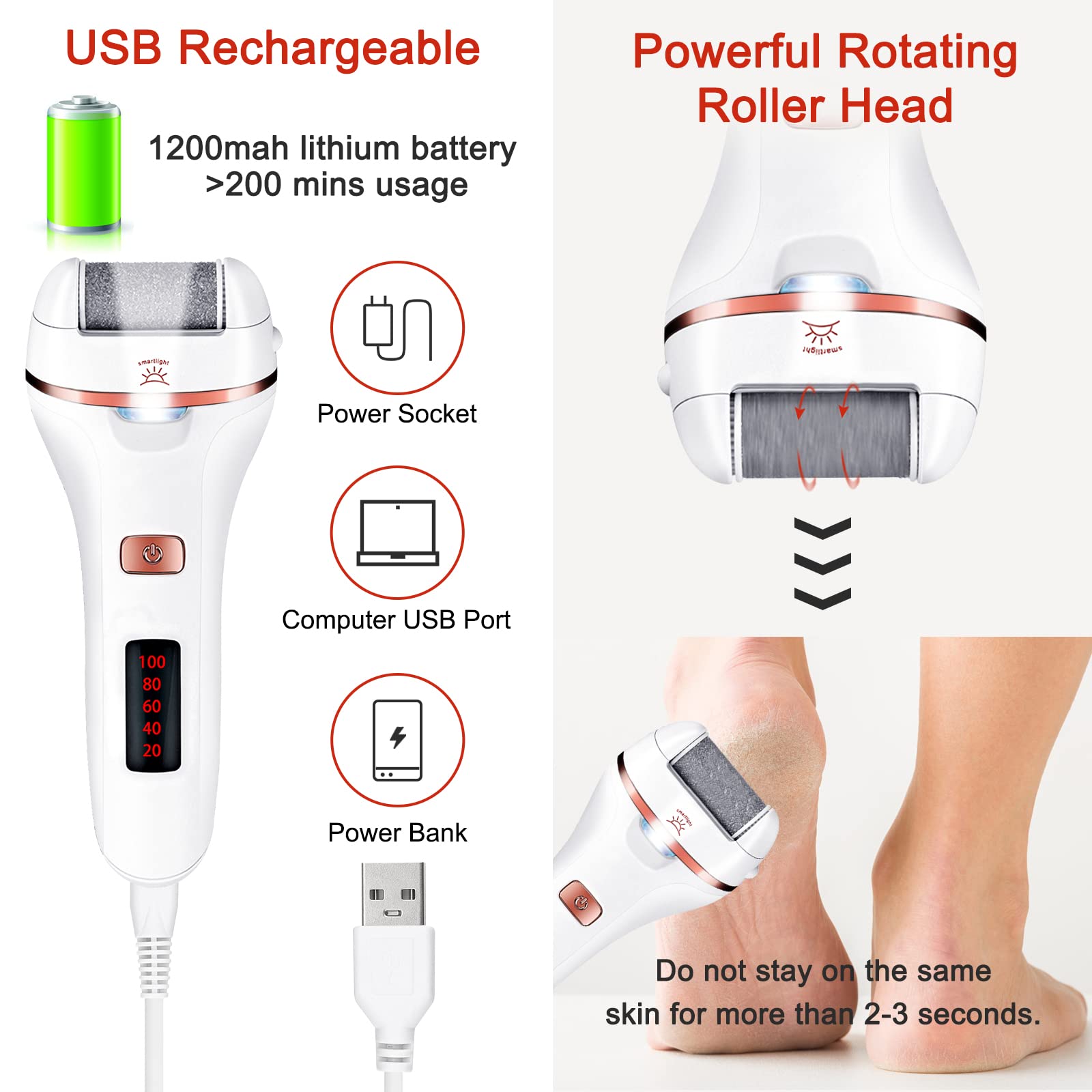 Lima Eléctrica Pies Durezas, Aottom Pedicura Electrico las Quita Durezas Eliminar Callos Herramientas de Poderoso Recargables Profesional con 3 Diamond Rodillos IPX7 Impermeable