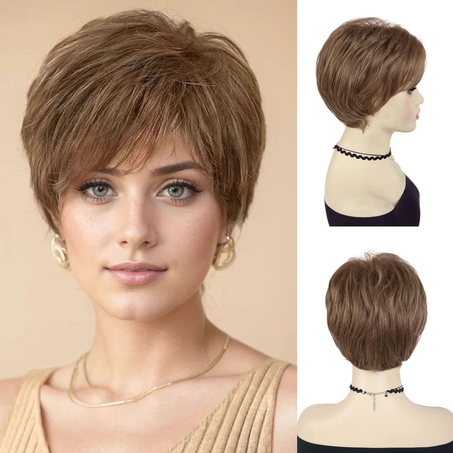 GNIMEGIL Short Brown Wigs for Women High Temperature Hair Synthetic Hair Pixie Cuts Wig with Bang Natural Daily Use Short Hair Cuts for Mother Grandma