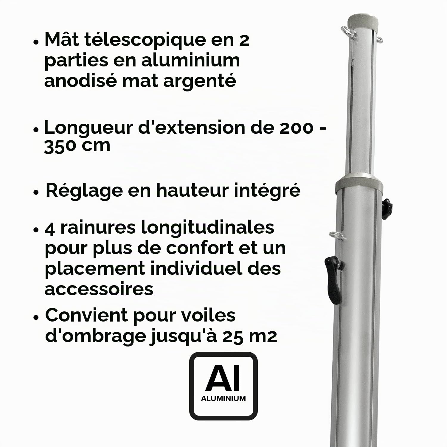 Voile d'ombrage mât 2 pièces en aluminium télescopique de 2 m à 3,5 m extensible en continu avec réglage en hauteur en continu - Accessoires pour voile d'ombrage