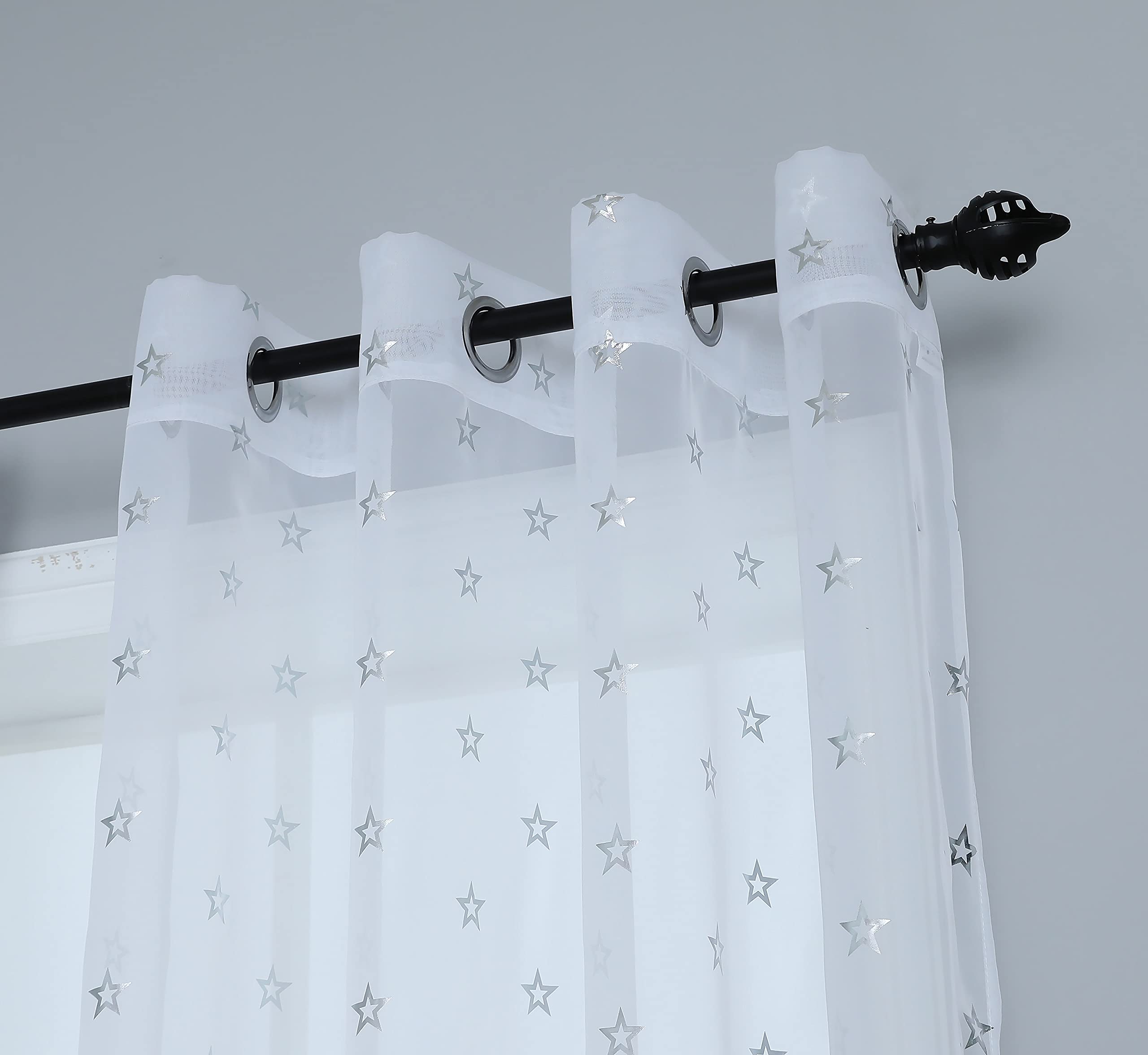 Amania Trading Ltd White Star Voile Panel Metallic Silver Eyelet Ring Top Pure Sheer Voile Curtain Panel - 54" (137Cm) Drop