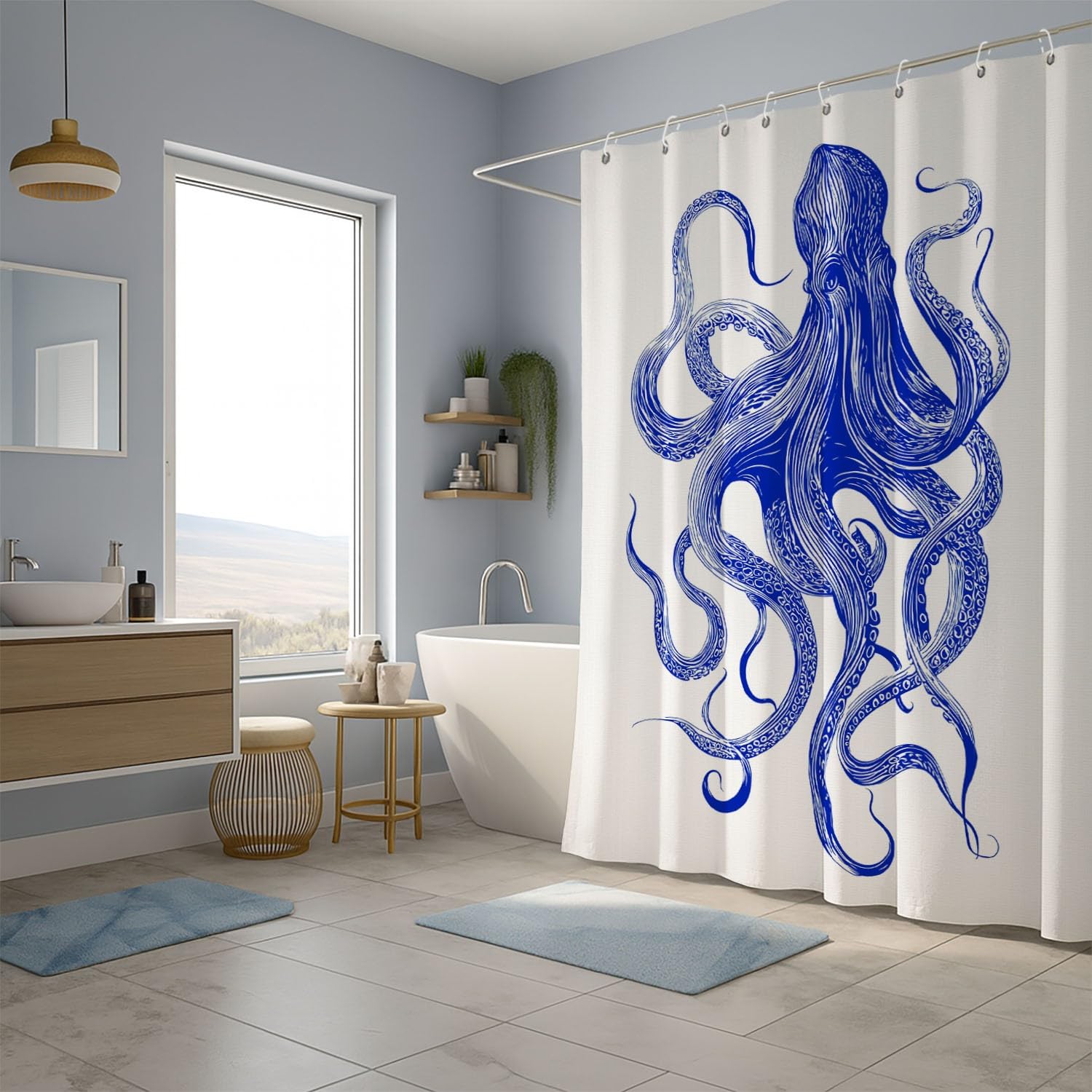 Generico Minimalista Tenda Da Doccia Fantasia Astratto Polpo Blu Bianco, Tenda Da Doccia Per Bagno, Vasca Da Bagno, Tenda In Poliestere Impermeabile Con Ganci In Plastica, 200 x 200 cm