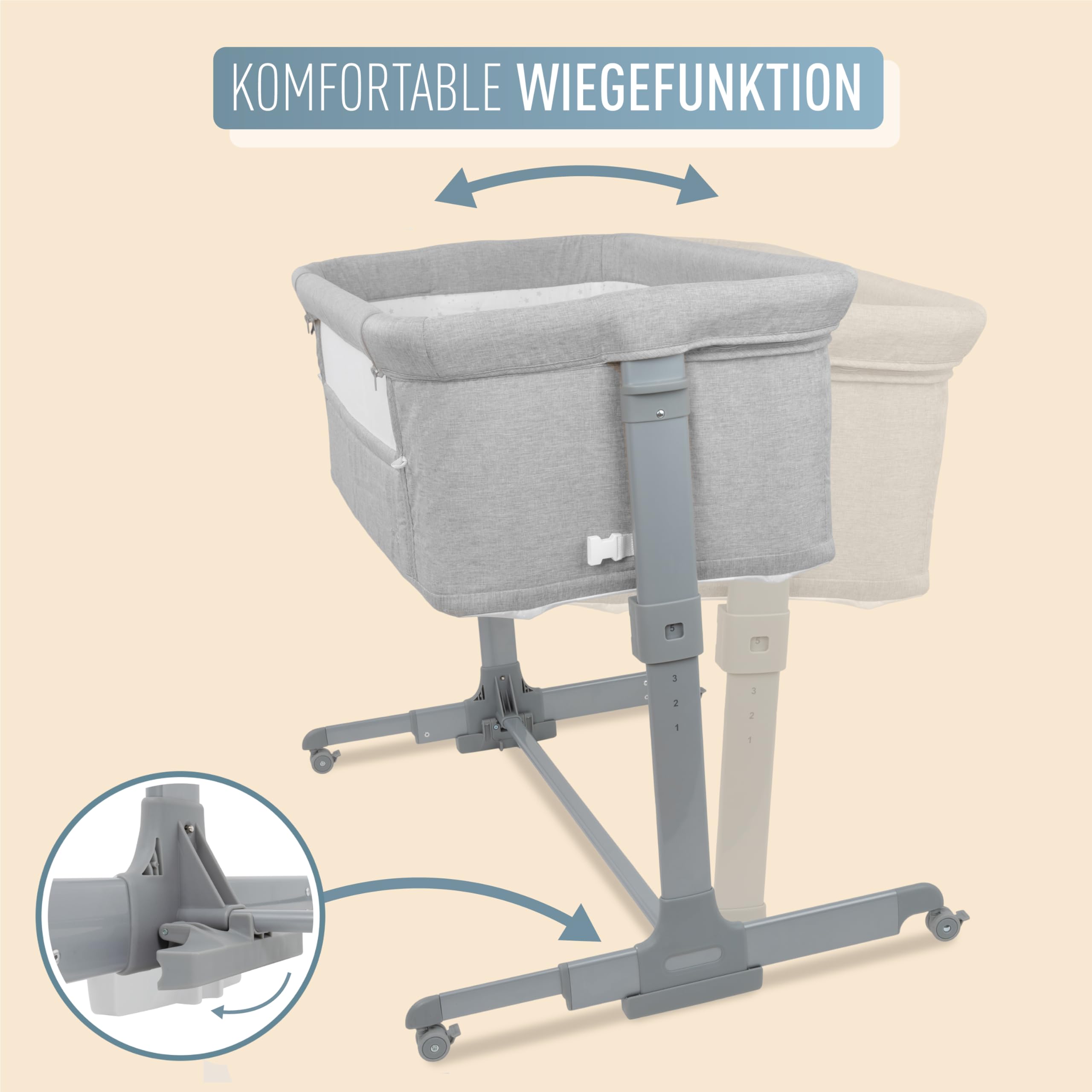 ib style Aluna 3in1 Beistellbett, Babybett, Zustellbett, weiche Matratze, 5-Fach Höhenverstellbar, Reisebett mit Tasche, Kinderbett mit Rollen, Wiege, für Zuhause und Unterwegs - Hell Grau