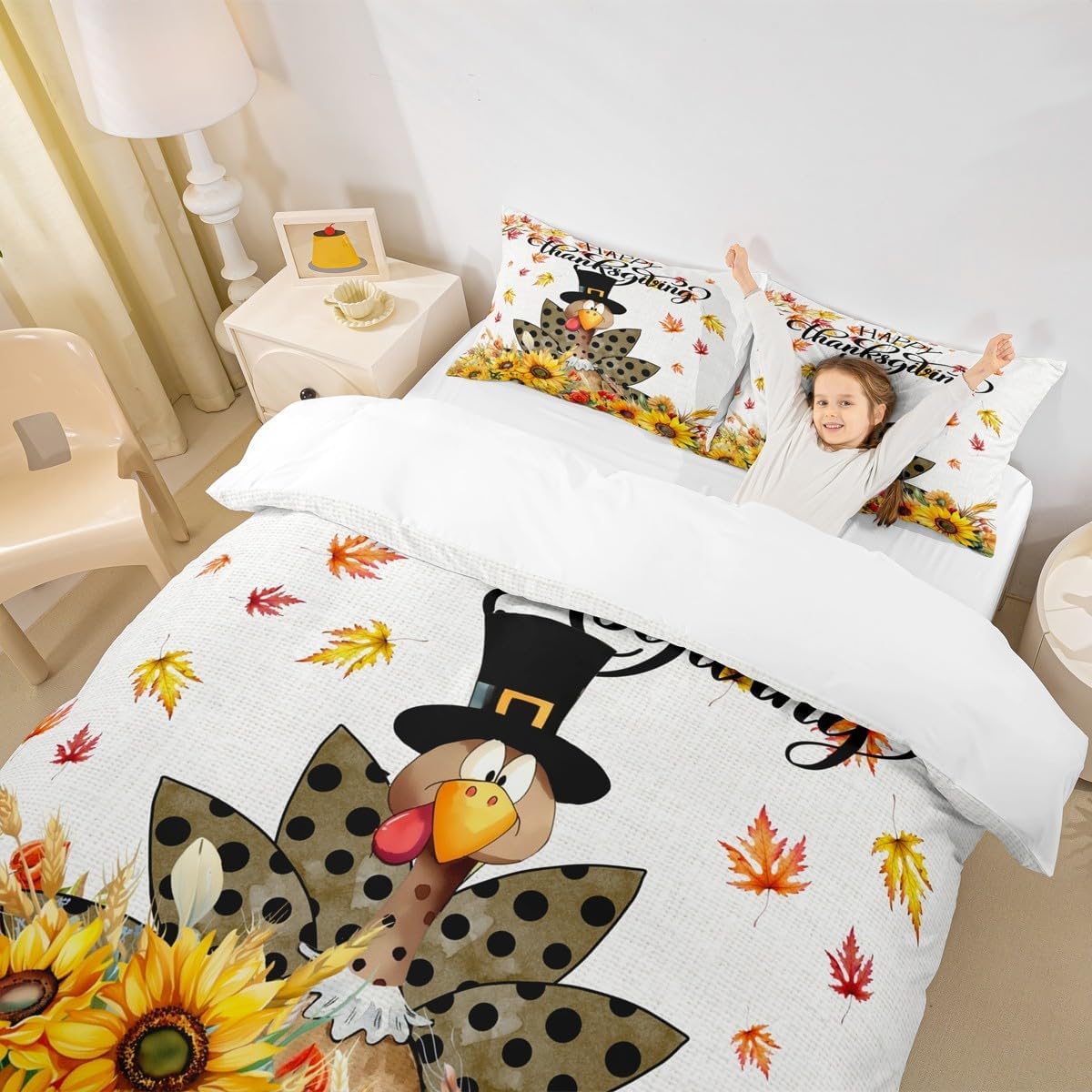 Happy Thanksgiving Kids Duvet Cover Set King Size,Cartoon Turkey Sunflowers Bedding Set,Girls Boys Adults Room/Cabin Decor,Fall Maple Leaves Comforter Cover,Rustic Farm Quilt Cover,2 Pillowcases