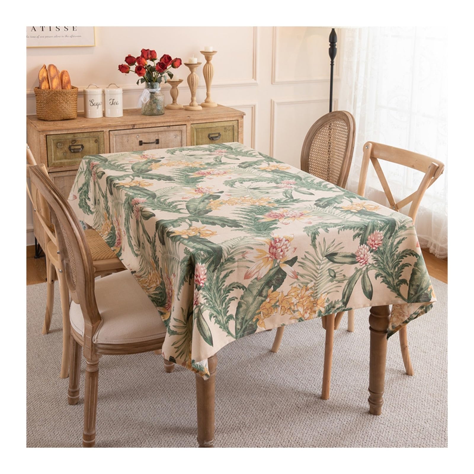 Nappe carrée imprimée fleurs et feuilles multicolores 135x135 cm