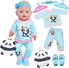7Pcs Baby Doll Clothes for 14-18inch Doll 30-45cm Baby Doll, Blue Panda Long-Sleeved top with Pants Headwear Crocs Doll Keychain 2 hanger for Kids Friends Girls Birthday Sweet Cartoon Doll Clothes