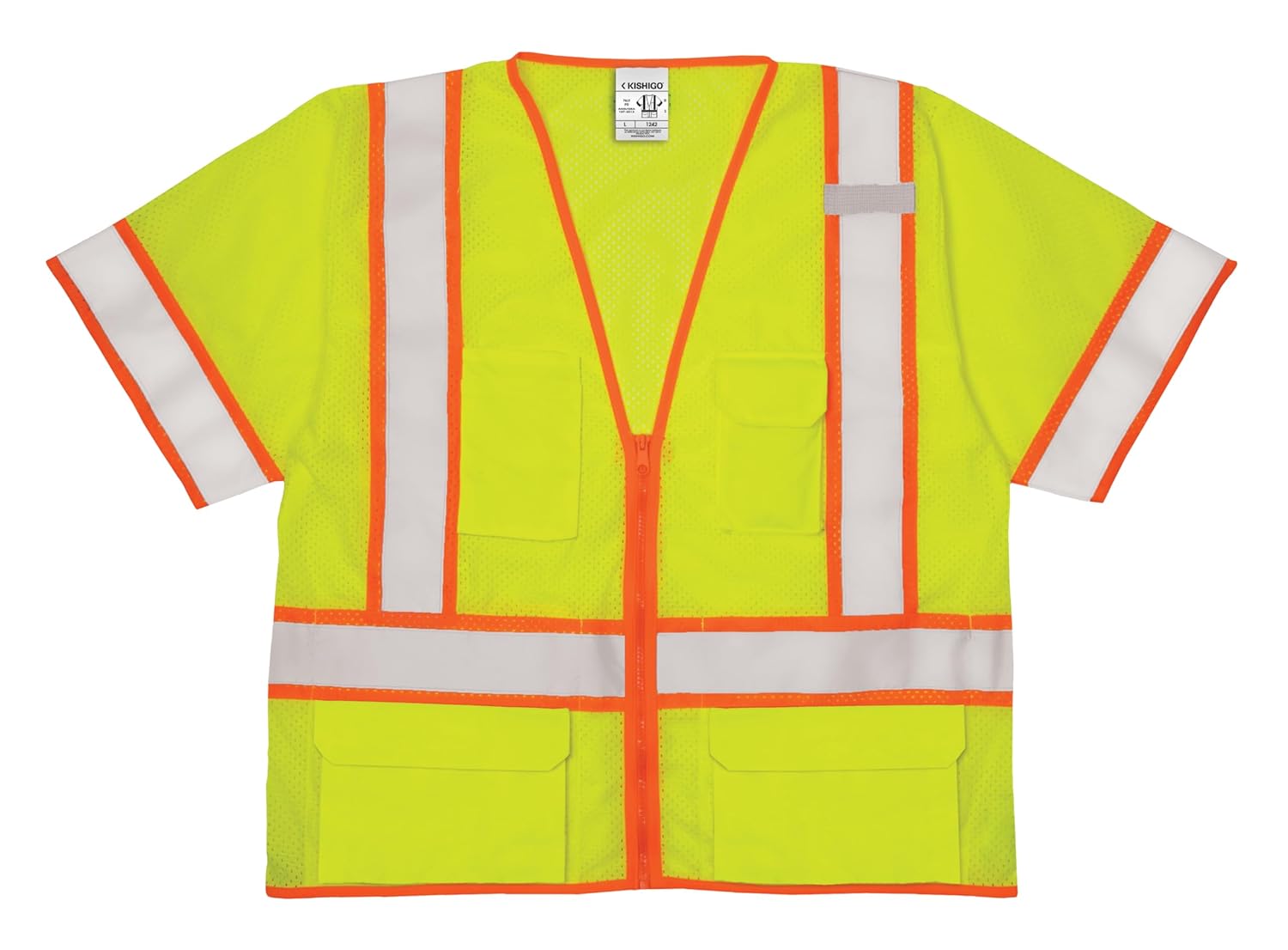 Kishigo Unisex High Visibility Reflective 6 Pocket Contrast Mesh Vest 1242, Zipper Closure, Polyester, ANSI 107 Type R / Class 3, Construction, Roadwork, Utility, Warehouse, Outdoor (Lime, 2X)