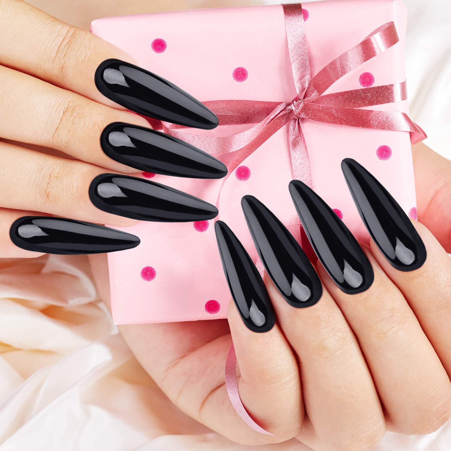 192 Pieces Extra Long Press on Nails Stiletto False Nails Solid Color Full Cover Fake Nails Artificial Acrylic Nail Kit for Nail Art Salon DIY (White, Nude, Black, Green, Purple, Red, Blue, Brown)
