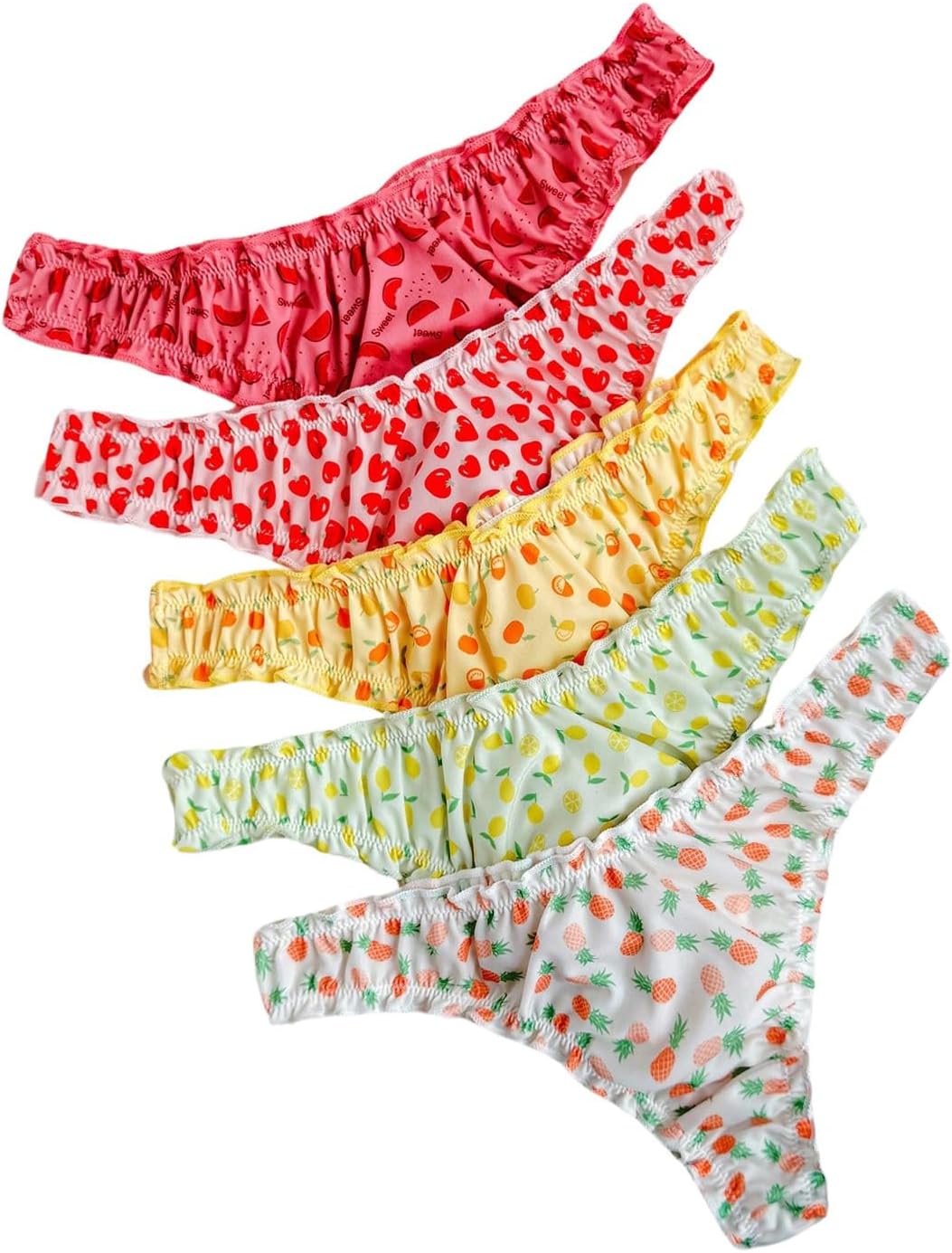 SHENHE Women's 5 Pack Thongs Underwear Low Rise Frilly Panties Tangas Fruit Print Cute Underwear