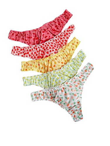 SHENHE Women's 5 Pack Thongs Underwear Low Rise Frilly Panties Tangas Fruit Print Cute Underwear - Small - Multicolor