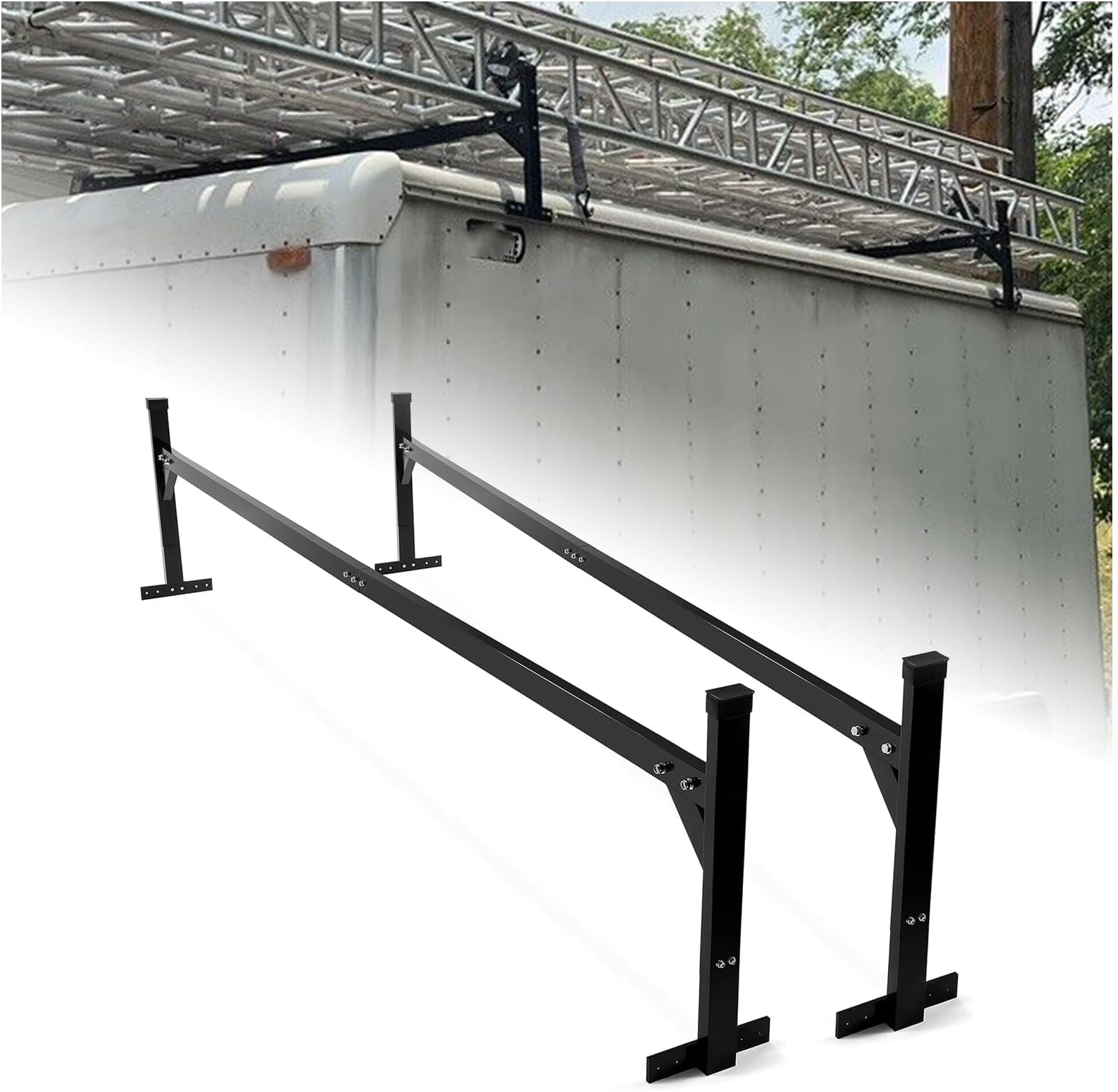 Kojem 64"-103.38" Adjustable Trailer Ladder Rack Compatible with Enclosed Trailers and Open Trailers Aluminum Powder Coated Black (5.3'-8.6')