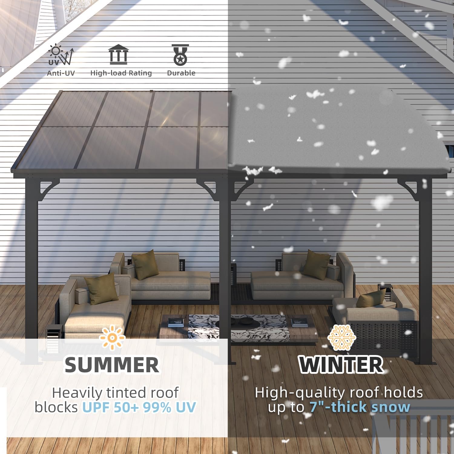 AECOJOY 10' x 14' Adjustable Height Outdoor Lean to Gazebo Pergola for Patio, Large Wall-Mounted 6.5-9.8 Ft Hard Top Metal Heavy Duty Metal Awnings Shelter Pergolas and Gazebos Clearance with Roof