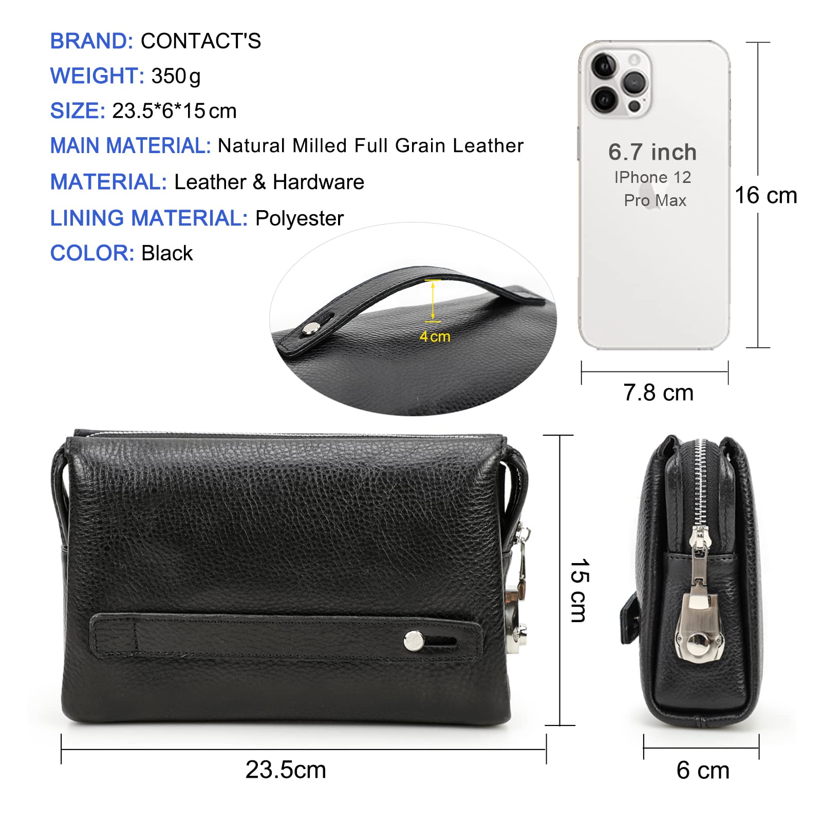 CONTACTS Bolso de mano de cuero genuino con tarjetero para hombre, cartera de gran capacidad con cerradura de combinación antirrobo