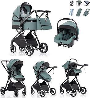 Passeggino 3 in 1 con Seggiolino Auto, Carrozzina Piegevole, 7-Altezza Regolabile, Sospensione 4 Ruote, Copripioggia e Zanzariera, Baby Stroller per Neonati 0-3 Anni (15kg), Blu-Verde