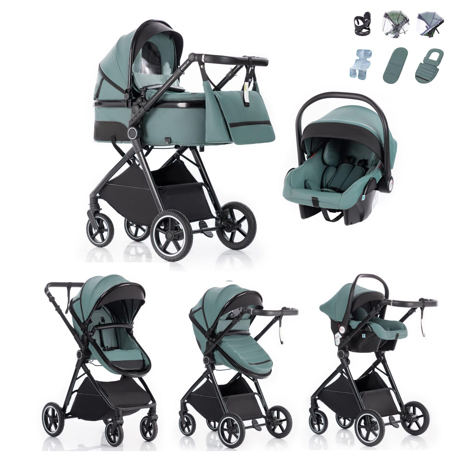 Passeggino 3 in 1 con Seggiolino Auto, Carrozzina Pieghevole, Sospensione 4 Ruote, per Neonati 0-3 Anni (15kg), Blu-Verde