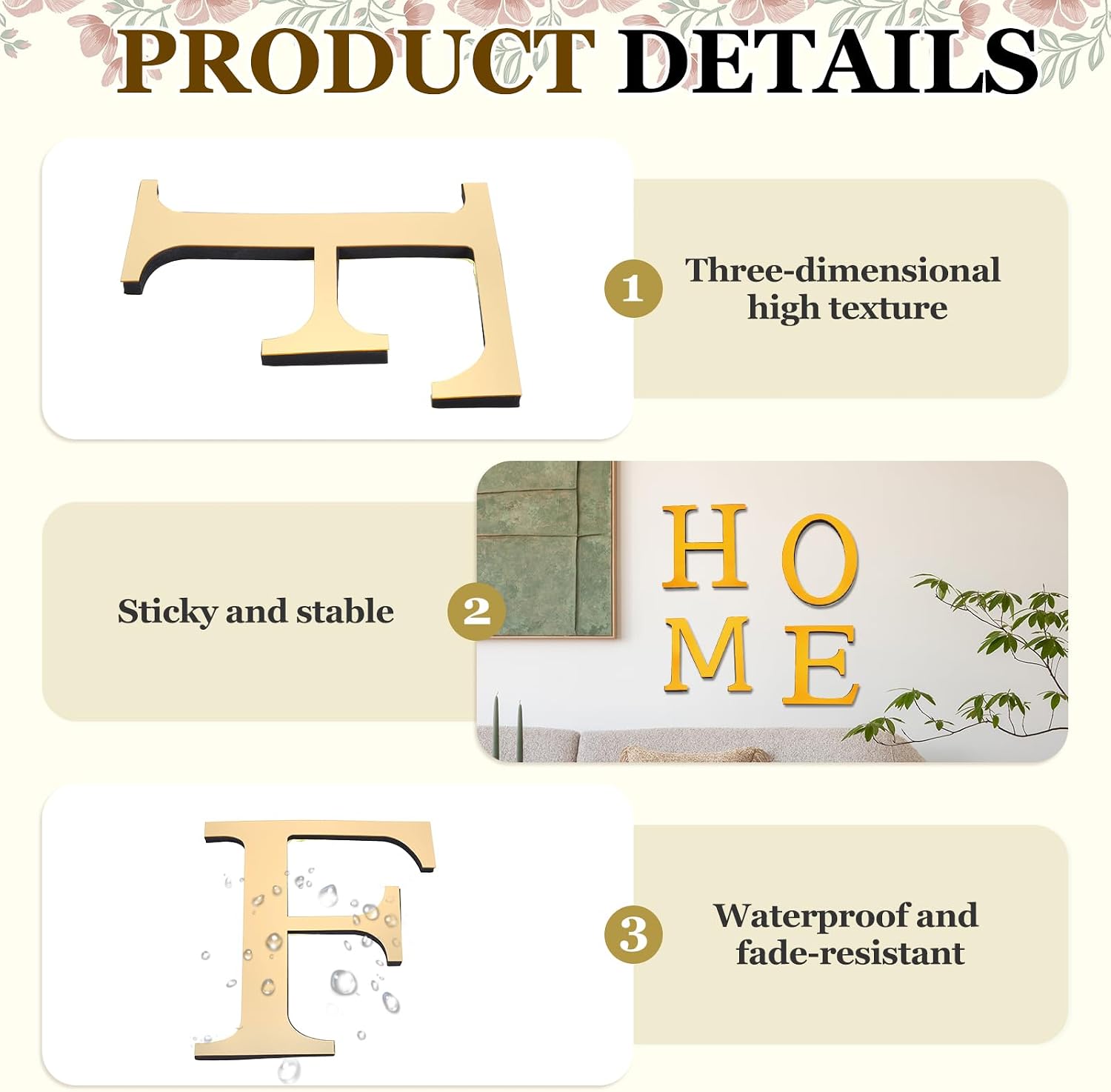 PATIKIL 7.87 Inch 3D Acrylic Alphabet Mirror Wall Stickers Letter F Self-Adhesive Home Decor Letter Sign Art Sticker Decal for DIY Home Decoration Light Gold