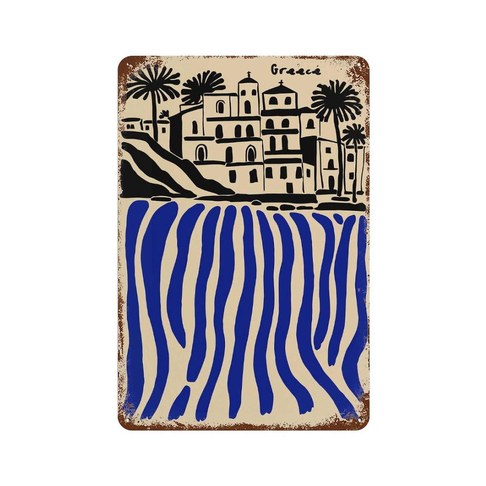 Rust Effect Greece Illustration with Blue Water Rustic Tin Plaque 11.8"x7.9", Shabby Chic Decor for Basement, Hobby Room And Garage Decor