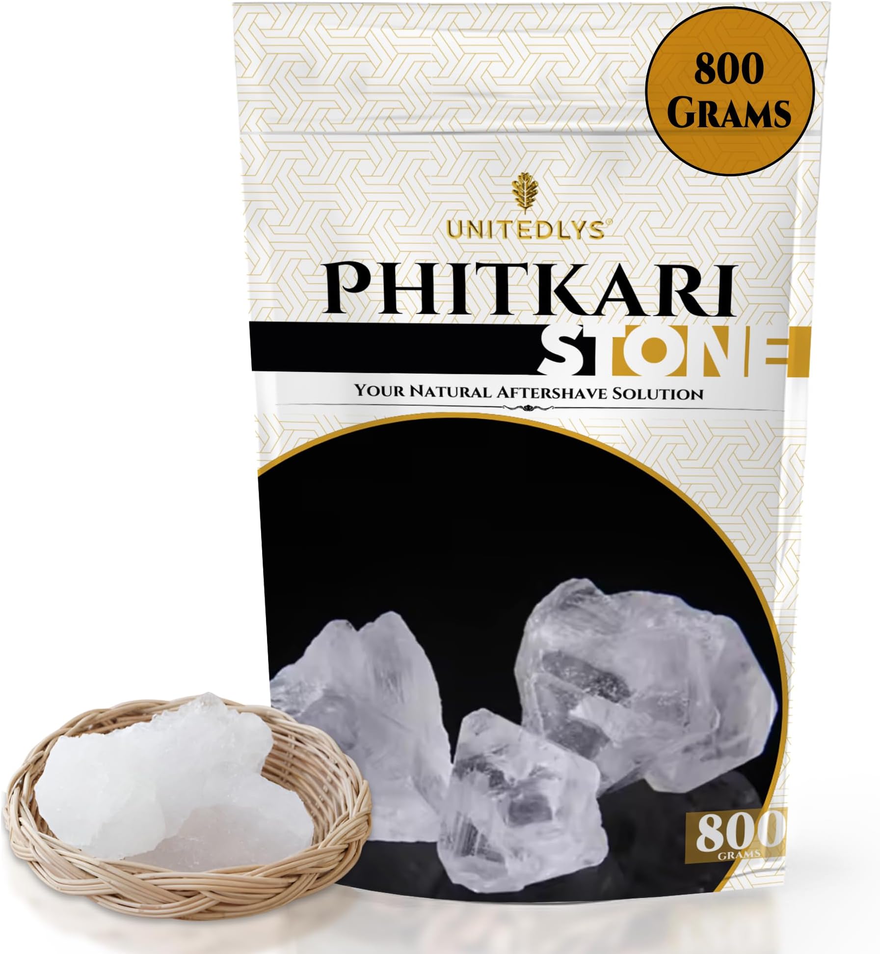 Unitedlys Organic Phitkari Alum Stone for Face 800G | Fitkari Stone for Skin Tightening, After Shave & Water Purification | Premium White Crystals Fitkiri Alum | Gentle & Effective