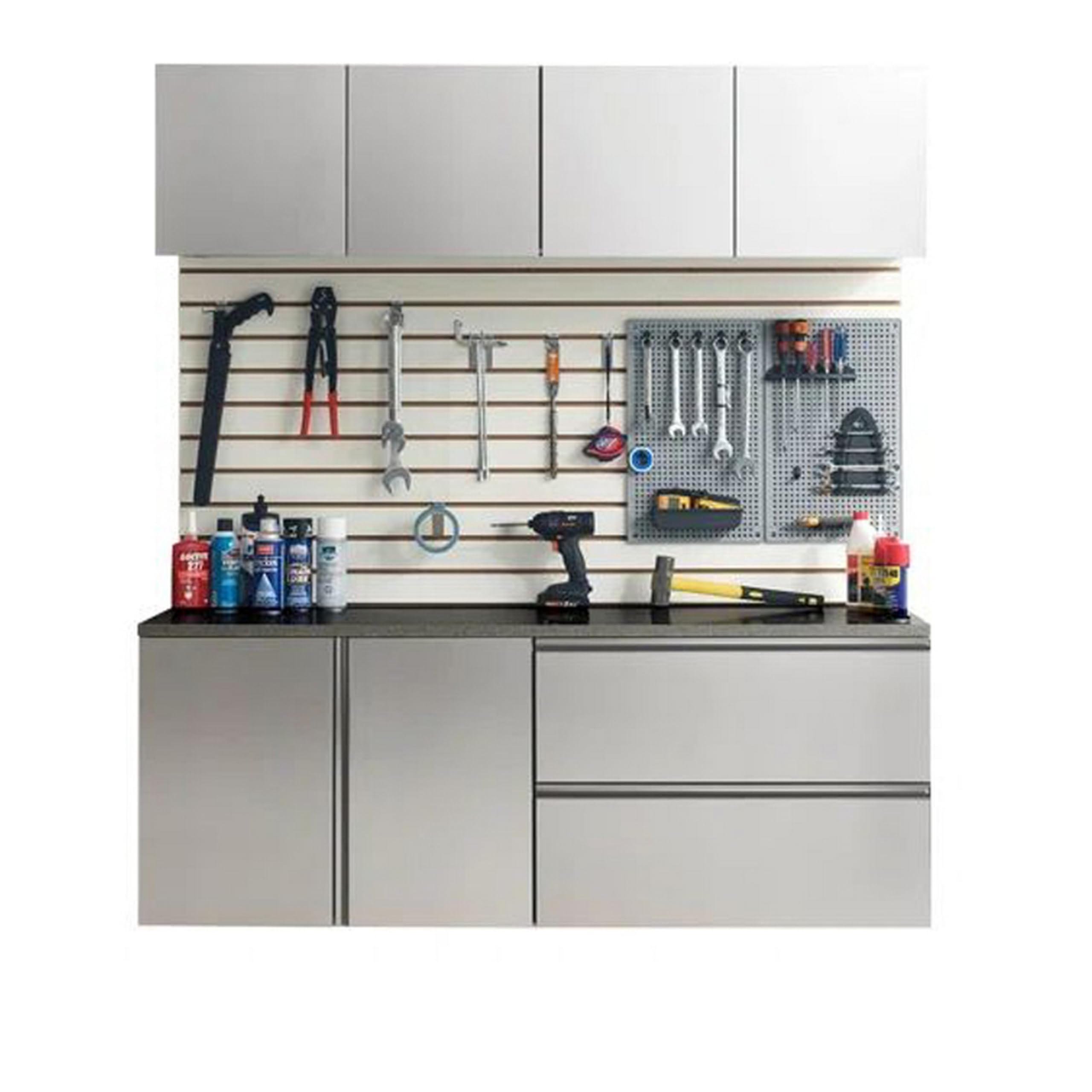 Benjara Osy 5pc Wall Mounted Garage Utility Cabinets, Drawers and Doors, Gray and Chrome