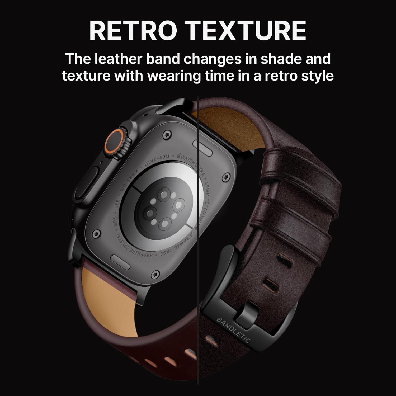 Bandletic Compatible with Apple Watch Ultra 2 Band for Men Women, Soft Genuine Leather Bands Replacement Strap for iWatch 49mm(Ultra 3/2/1),46mm(11/10),45mm(9/8/7),44mm(SE3/SE2/SE/6/5/4),42mm(3/2/1) - Image 5