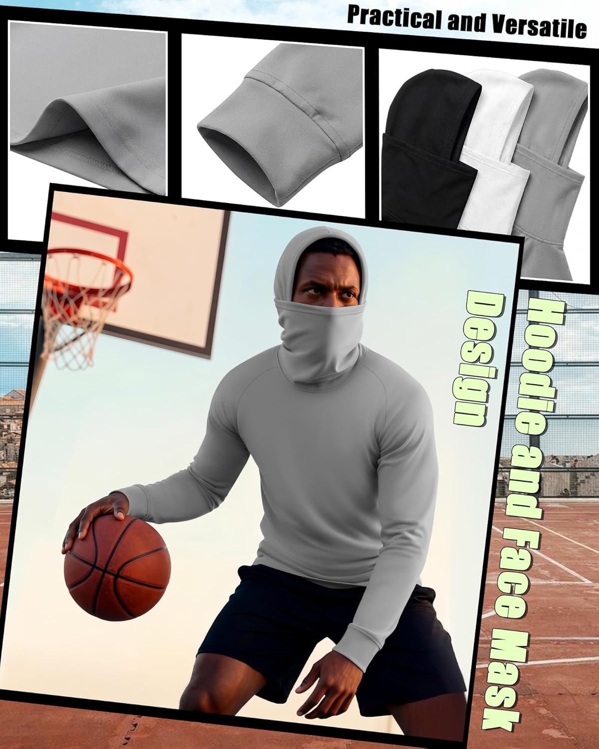 3 Pack Men's Compression Hoodie with Face Mask Sweatshirt Long Sleeve Hooded Pullover Base Layer Active Shirts - Image 2