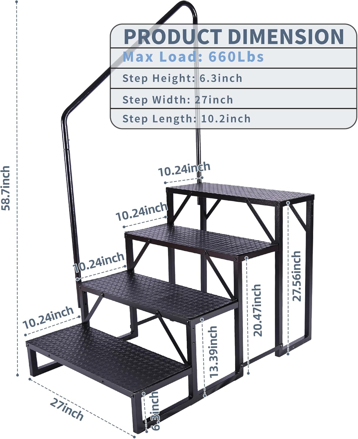 4-Step RV Steps with 1 Handrail, Heavy-Duty RV Stairs for Camper, Hot Tub, Trailer & Porch with Non-Slip Mats