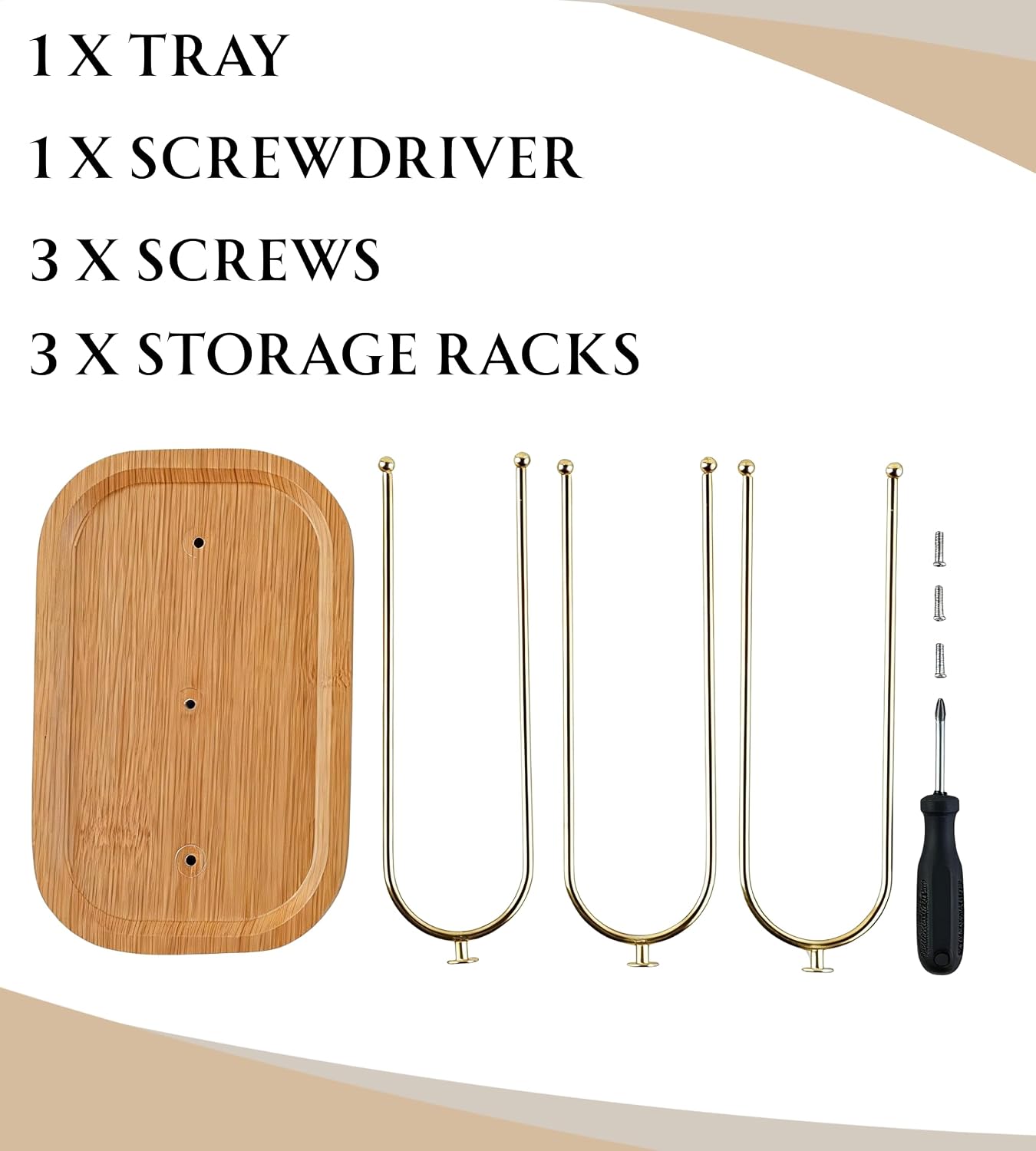NEWLOOP Scrunchie Holder for Women - Triple Storage 3 Rotating Rods 6-Arm Hair Accessory Organizer with Jewelry Tray Wood & Metal Collection Holder Gift for Loved Ones Natural