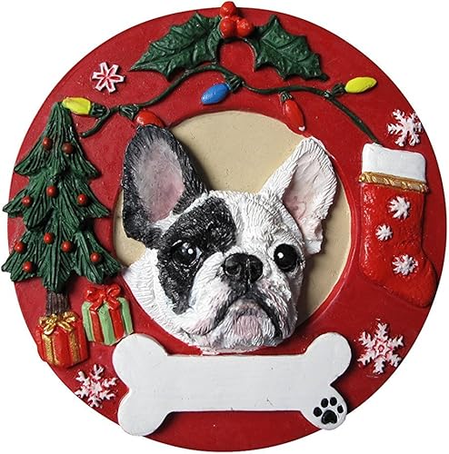 Adorno de Navidad de Bulldog Francés en forma de corona en blanco y negro, decoración navideña fácilmente personalizada, regalos únicos para amantes