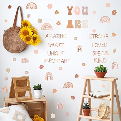 Miniatura 4 de Calcomanías de pared con cita inspiradora, diseño de flores y arco iris, para dormitorio de niños y niñas, calcomanías de pared con frase positiva,