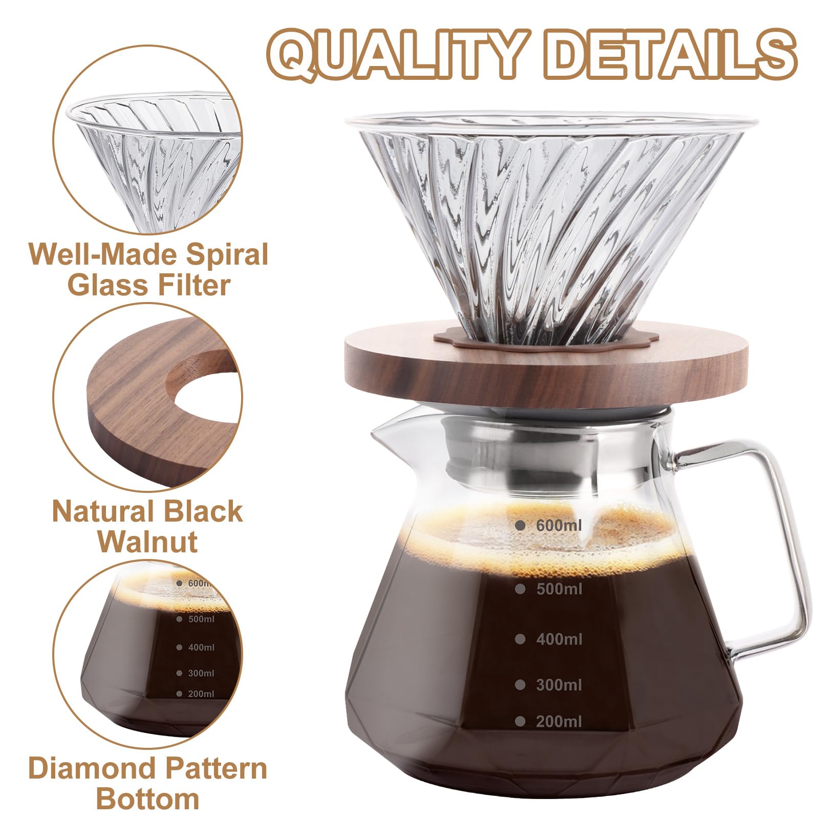 WOPPLXY Cafetera de vidrio borosilicato de 600 ml con 100 filtros de papel tamaño 02, jarra de café de goteo con mango de nogal para el hogar, restaurante, café