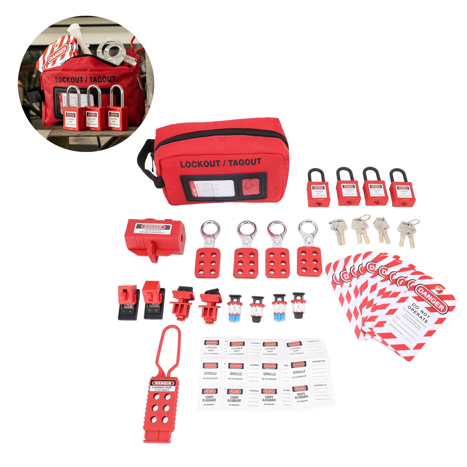 Electrical Lockout Tagout Kit, Lock Out Tag Out Kit Universal Circuit Breaker Lockout, Loto Tags, Plug Lockout, Safety Padlock, Multi Pole Breaker with Storage Bag