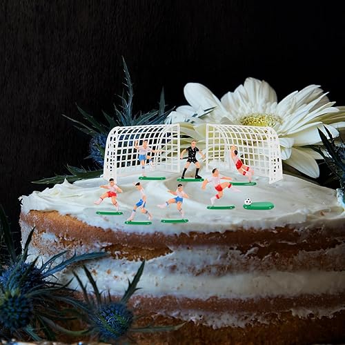 Miniatura 6 de UPKOCH Decoraciones para pastel de fútbol  2 goles, 6 jugadores, 1 árbitro, figuras de fútbol en miniatura para cumpleaños de niños, fiesta temática
