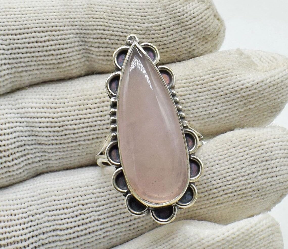 Gemma Amor Natural Rose Quartz Ring, 925 Sterling Silver, Teardrop Shape, Vintage Bohemian Style, Handmade Statement Jewelry, Soft Pink Gemstone
