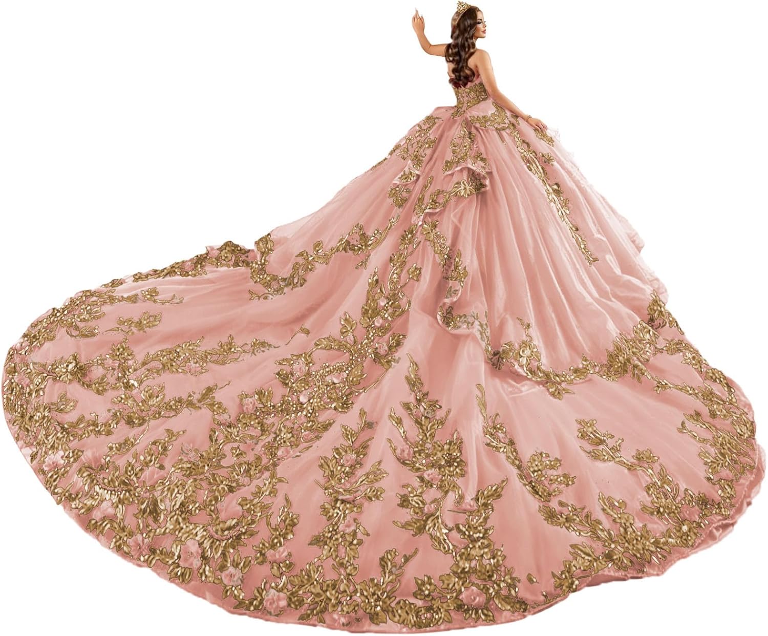 Gold Lace Applique Quinceanera Dresses with Bow 3D Floral Sweet 15 Dress Tiered Puffy Tulle Ball Gown with Long Train