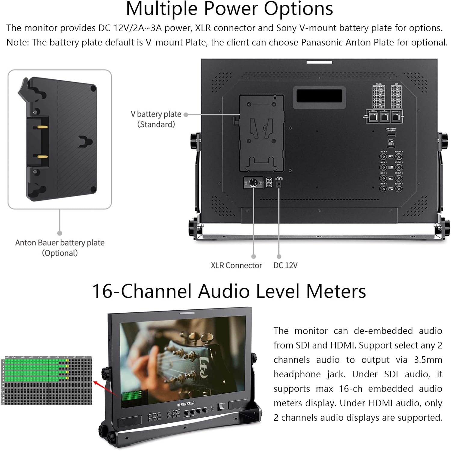 Multiple power options for SEETEC ATEM173S monitor