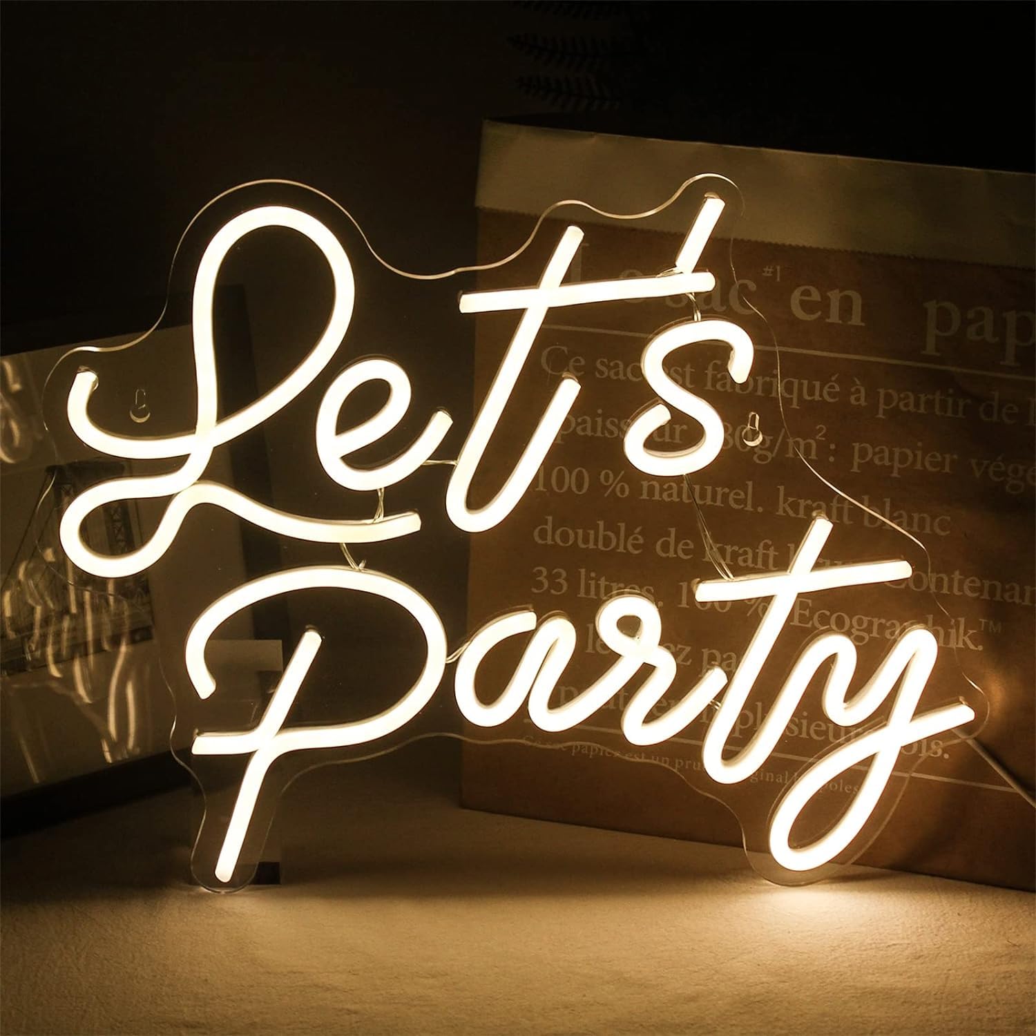 KIJyfgTR LED Neon Light Sign Lets Party Neon Signs, Party Decor USB Powered Acrylic Warm White LED Neon Lights, Wall Hanging Night Lights Signboard, 41X32cm